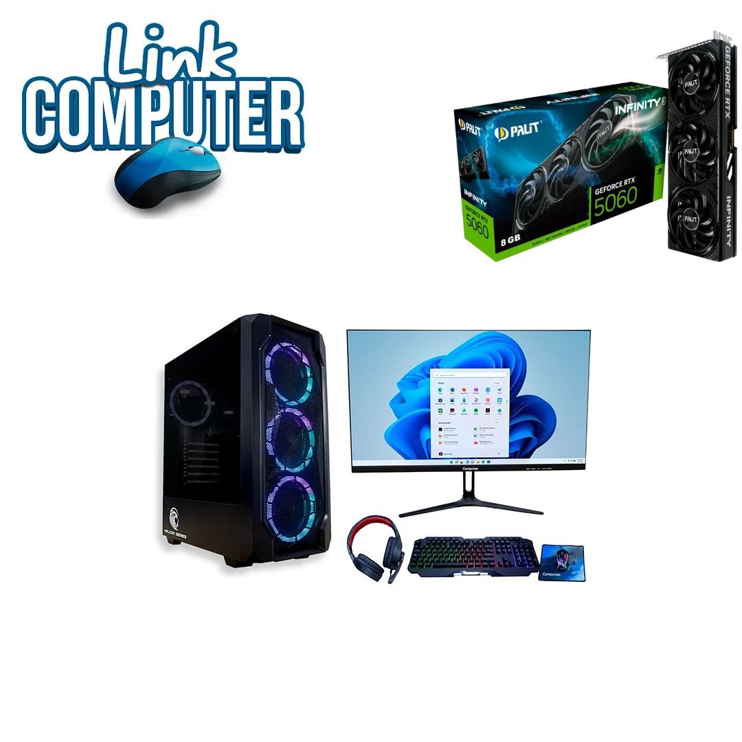 0477 - PC Gamer AMD Ryzen 5 5600GT + RTX Palit GeForce 5060 Infinity 3 Fan 8GB | 16GB RGB | SSD 500GB | Monitor 23.8” 120Hz | Combo Gamer Completo – Link Computer Pereira